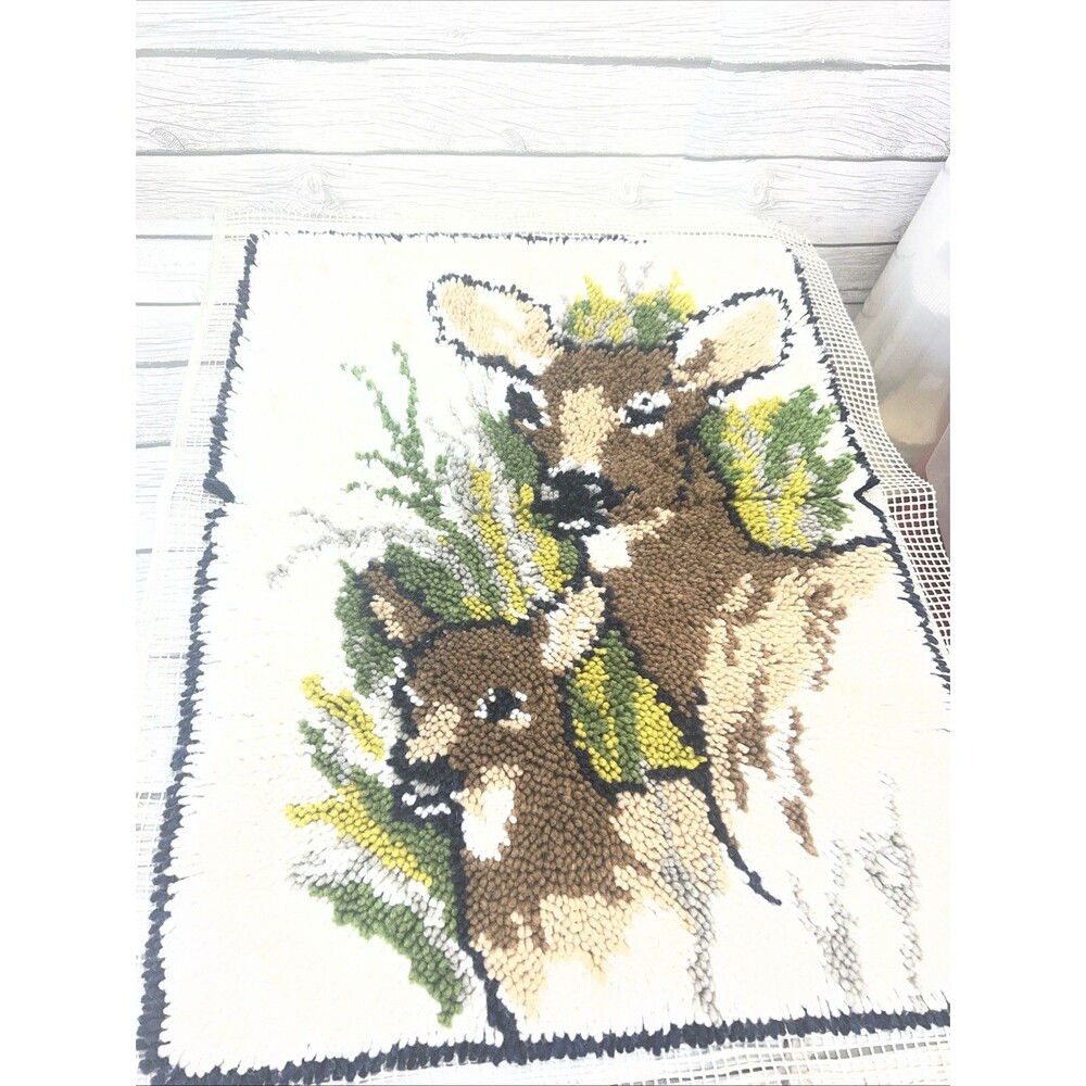 Deer Latch Hook Wall Hanging Rug Finished with Doe AND Fawn 26x20 MCM